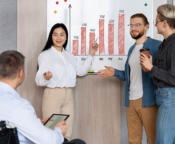 Marketing agency professionals collaborating around a screen